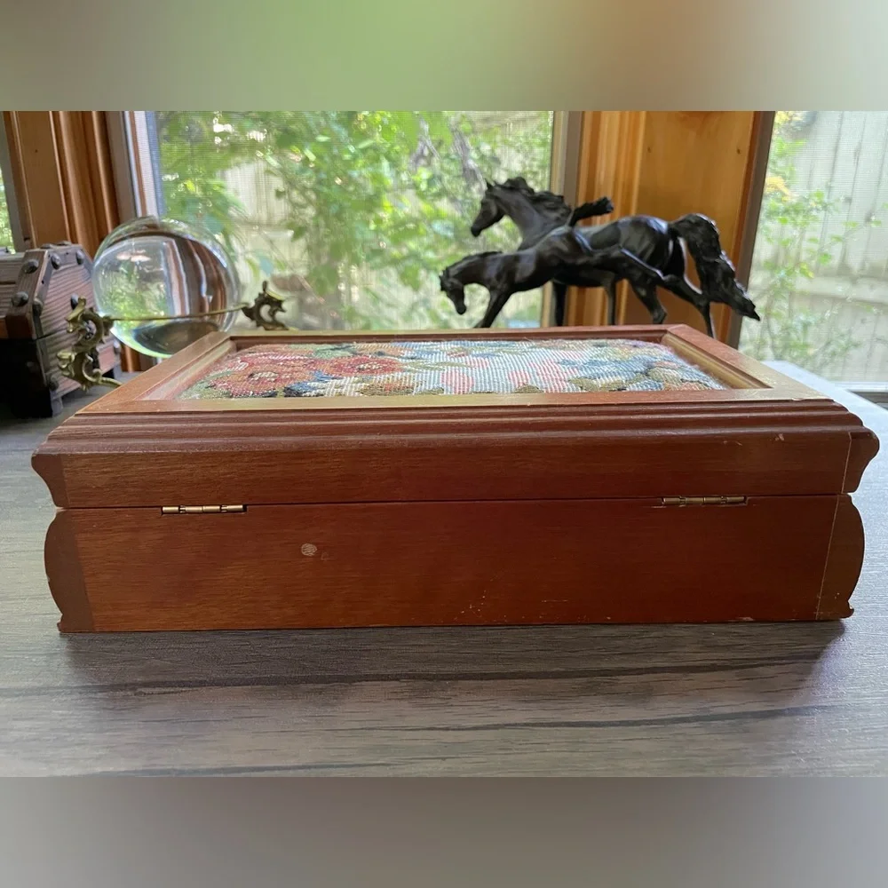 Vintage Tapestry and Wooden Pink Velvet Lined Jewelry Trinket Storage Box